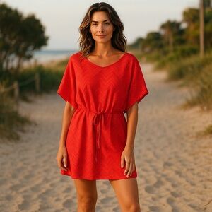 Mario Serrani Italy Swim Women Medium Cover Up Coral Tie Eyelet Blue Dress Top